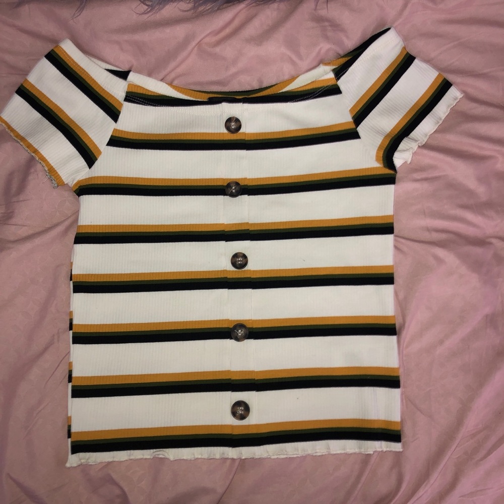 Striped Off The Shoulder Tee with Buttons!